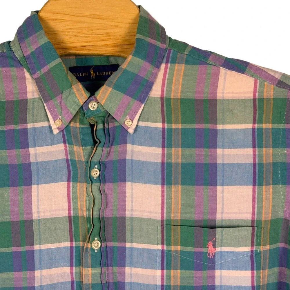 Ralph Lauren Shirt Men XXL Green Plaid Madras Cotton Viscose Short Sleeve Preppy